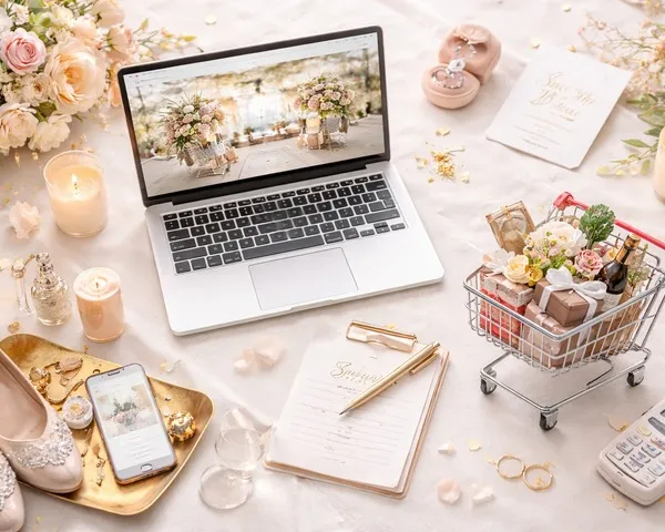 Laptop, Smartphone und ein kleiner Einkaufswagen voller Hochzeitsgeschenke auf einem hellen Tisch
