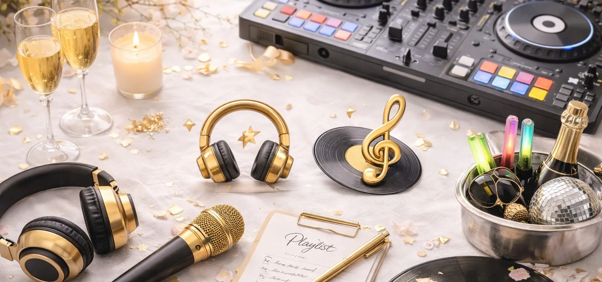 DJ-Controller, goldene Kopfhörer, Mikrofon und Playlist auf einem festlich gedeckten Tisch