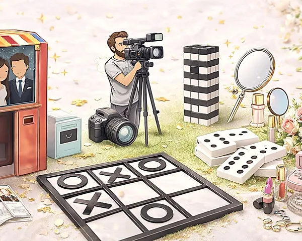 Fotobox, Kamera und Hochzeitsspiele auf einer Wiese mit Lichterketten
