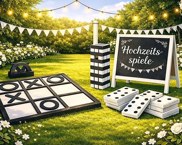 XXL-Hochzeitsspiele wie Riesen-Jenga, Domino und Tic-Tac-Toe auf einer Wiese mit Wimpelkette