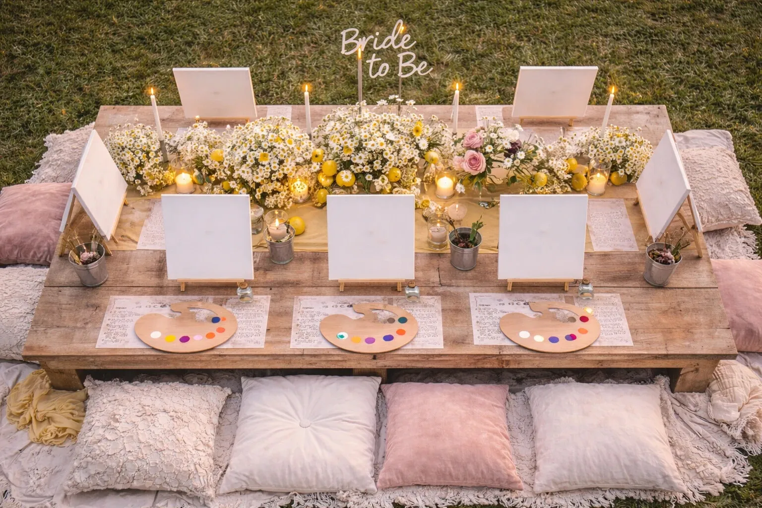 Picknick-Tafel mit Blumen, Kerzen und Leinwänden zum Malen für einen JGA