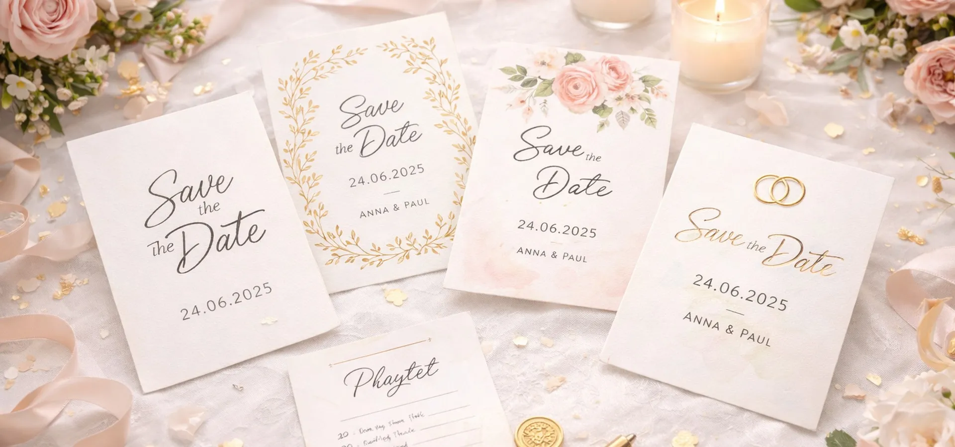 Verschiedene Save-the-Date-Karten mit Goldprägung und Rosen auf Seide